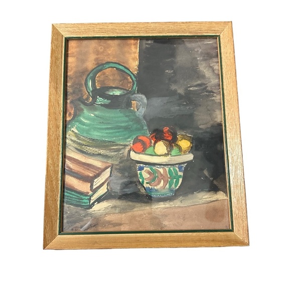 Vtg Signed Boden Water Color on Paper Still Life Books Fruit Vase Jug 11x9.5” EC - Picture 1 of 10